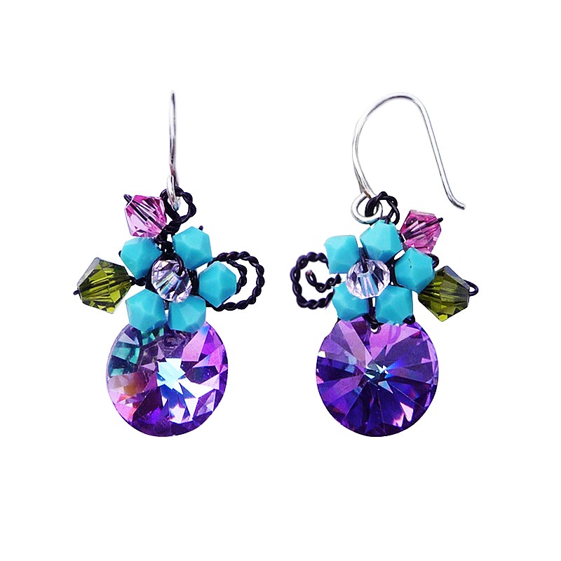 Boucles D'oreilles Vintage Cristal Violet Facettes - Métal Argenté - Occasion