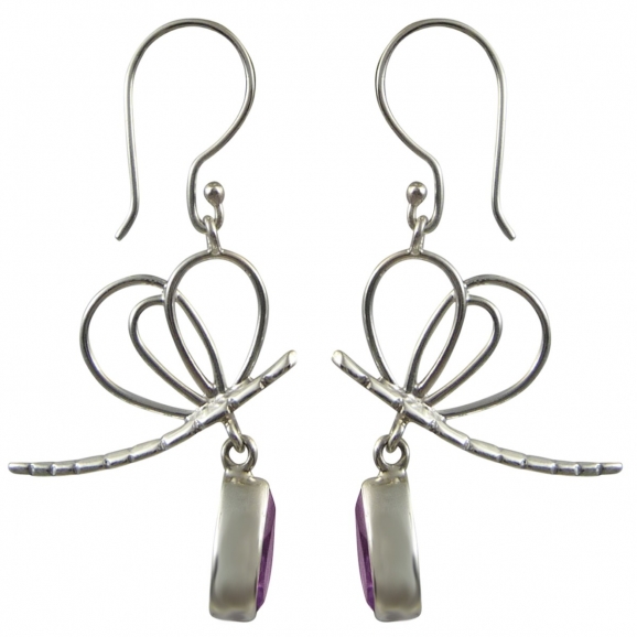 Boucles d'oreilles libéllules améthyste et argent